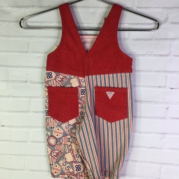 Vintage Baby Guess Denim Overalls Red 6 Months - Picture 2 of 12